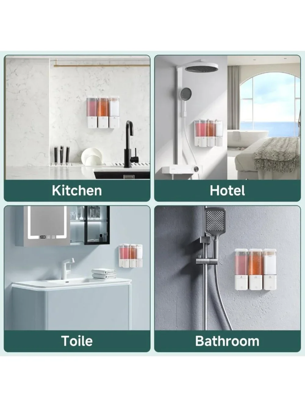 Wall-Mounted 3-Chamber Shampoo & Conditioner Dispenser - No Drill, Refillable